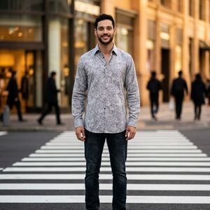 Paul Fredrick 100% Silk Paisley Sport Shirt Gray BlackWhite L